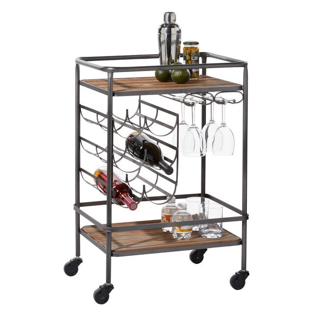 Brown Chinese Fir and Metal Industrial Bar Cart, 30x20x15, BROWN, hi-res image number 0