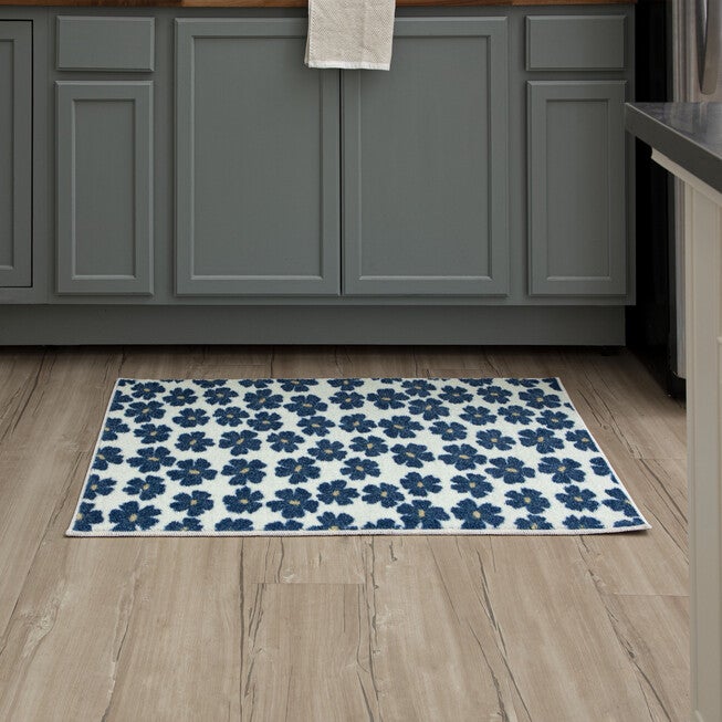 Simple Floral Navy Kitchen Rug, , alternate image number null