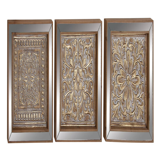 Set Of 3 Brown Metal Glam Floral Wall Décor, BROWN, hi-res image number null