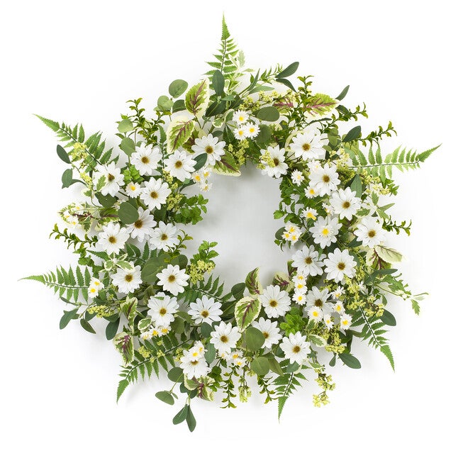Mixed Fern And Daily Floral Wreath 22.5 inchesD, WHITE, hi-res image number 0