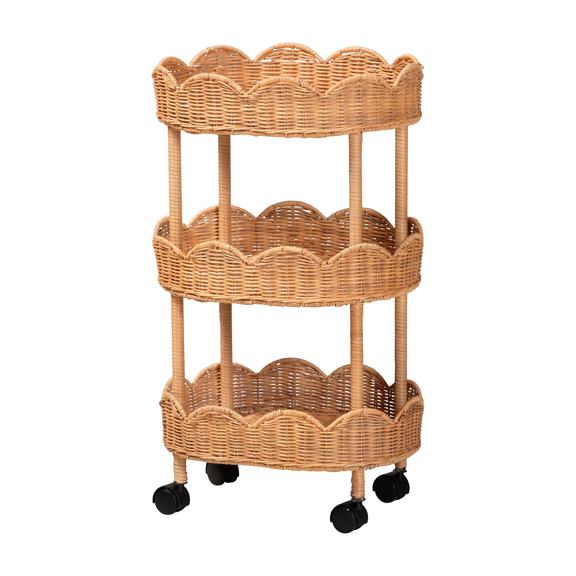 Bulana Natural Rattan 3-Tier Rolling Storage Cart, HONEY, alternate image number 1