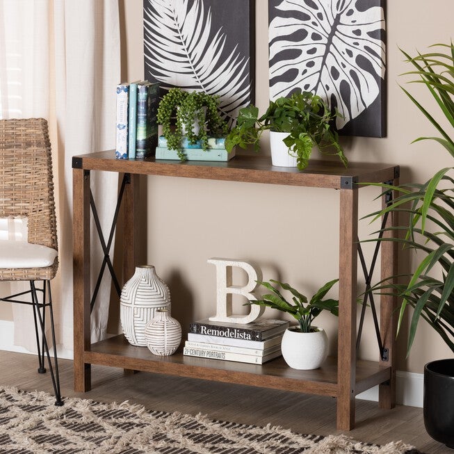 Rumi Modern Farmhouse Natural Brown Finished Wood And Black Metal Console Table, , alternate image number null