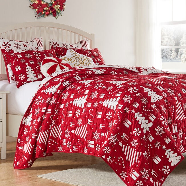 Snowflakes Holiday Matelassé Coverlet Set, Red, 3-Piece King, RED, alternate image number 1