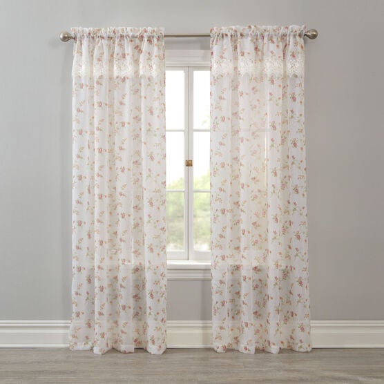 Crushed Voile Rod-Pocket Panel with Attached Layered Valance, Crushed Voile Rod-Pocket Panel with Attached Layered Valance,