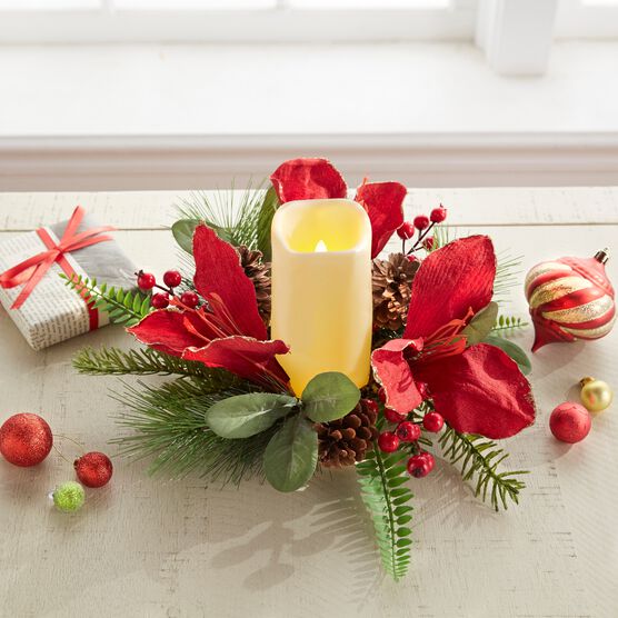 Amaryllis 12&quot; Candle Ring with LED Candle, RED