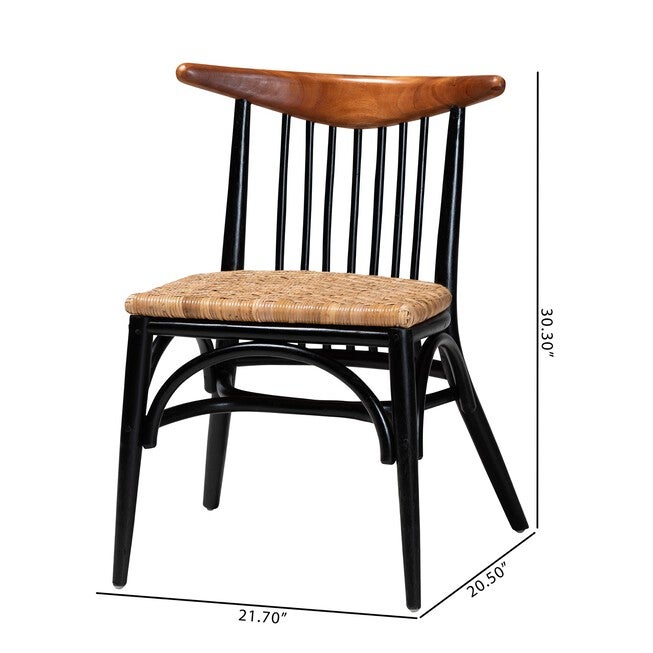 Parthenia Mid-Century Modern Two-Tone Black And Walnut Brown Finished Mahogany Wood And Natural Rattan Dining Chair, , alternate image number null