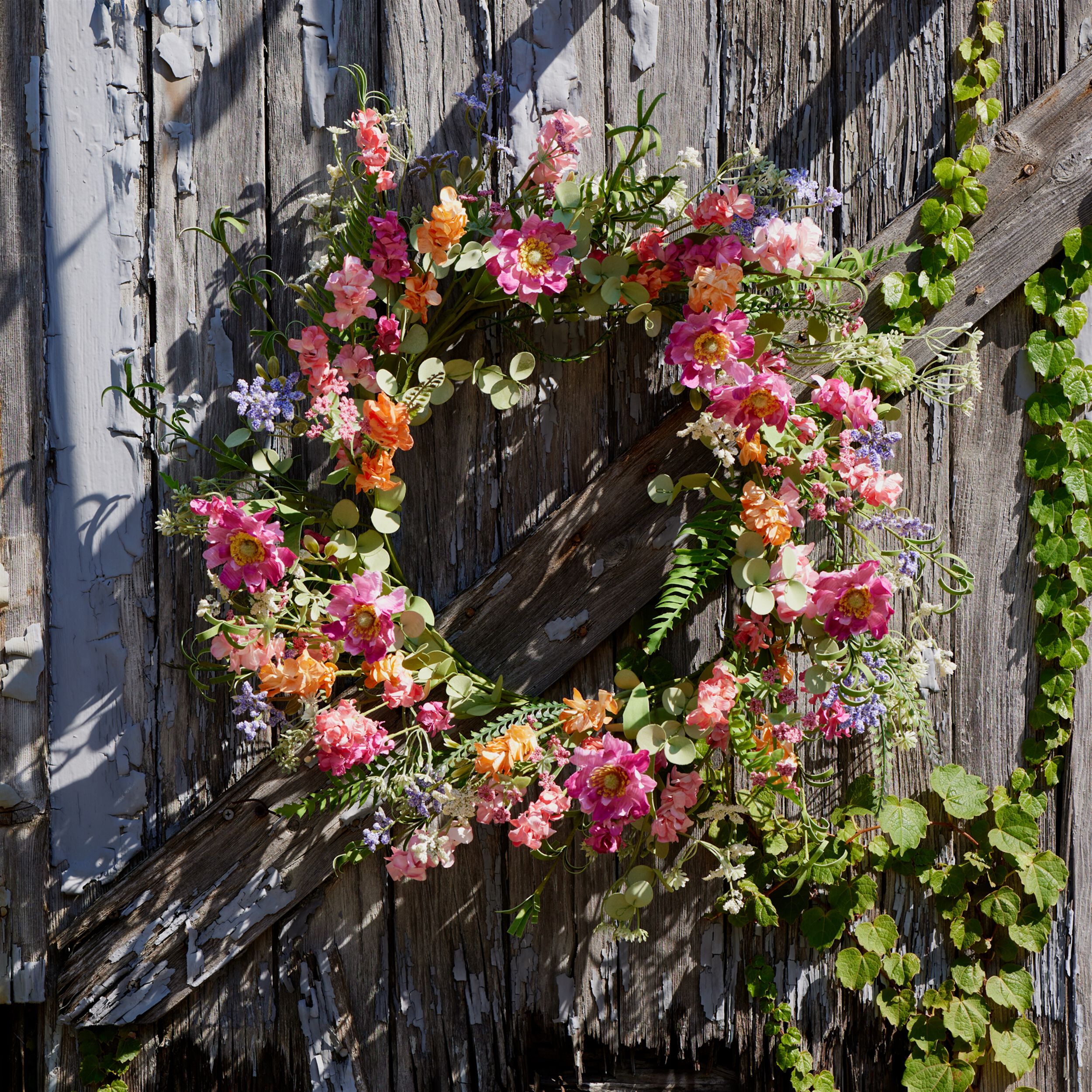 Mixed Floral and Foliage Wreath 20IND, PINK GREEN, alternate image number 2