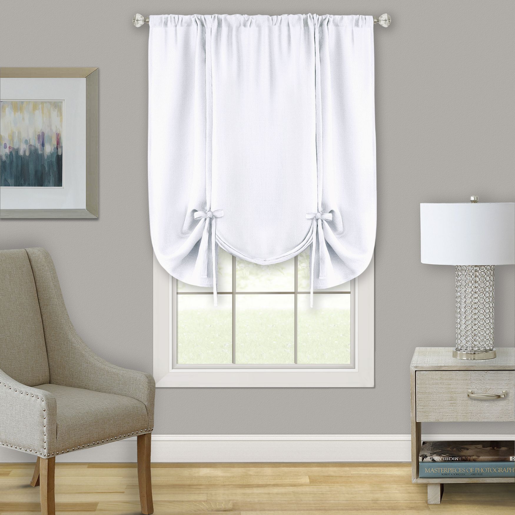 Darcy Window Curtain Tie Up Shade - 58x63, WHITE, hi-res image number 0