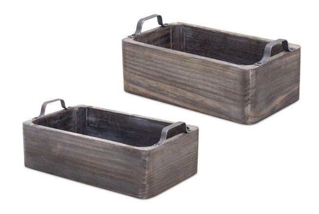 Natural Wooden Box Tray with Metal Handle Accent (Set of 2), BROWN, hi-res image number null