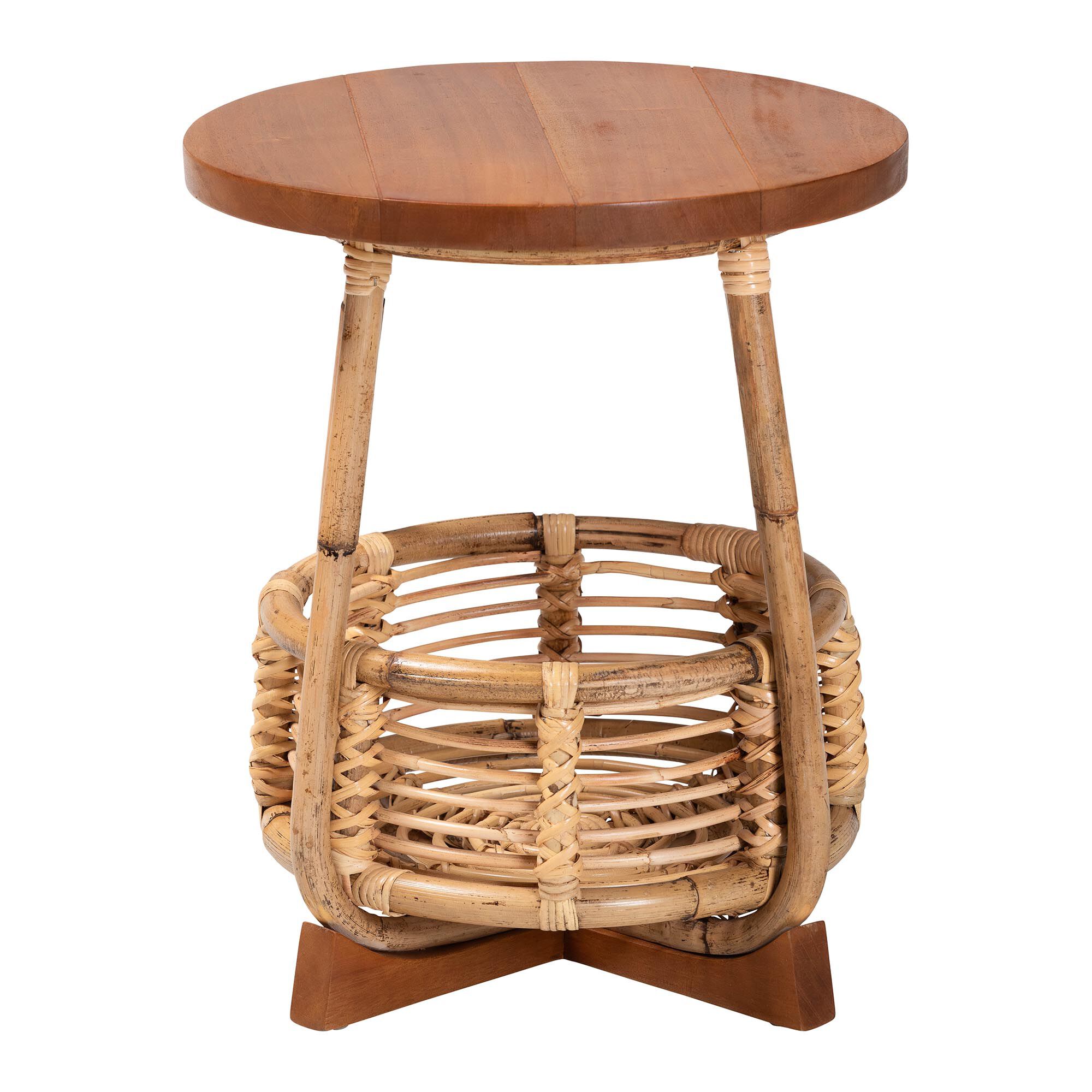 Derenik Natural Rattan and Mahogany Wood End Table - Boho Accent Side Table with Woven Basket Base, BROWN, alternate image number 2