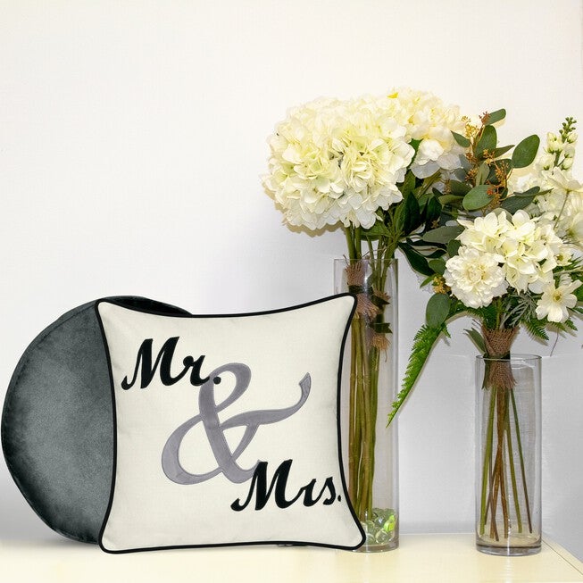 Celebrations ""Mr. & Mrs."" Cursive Embroidered Applique Decorative Pillow , , on-hover image number 1