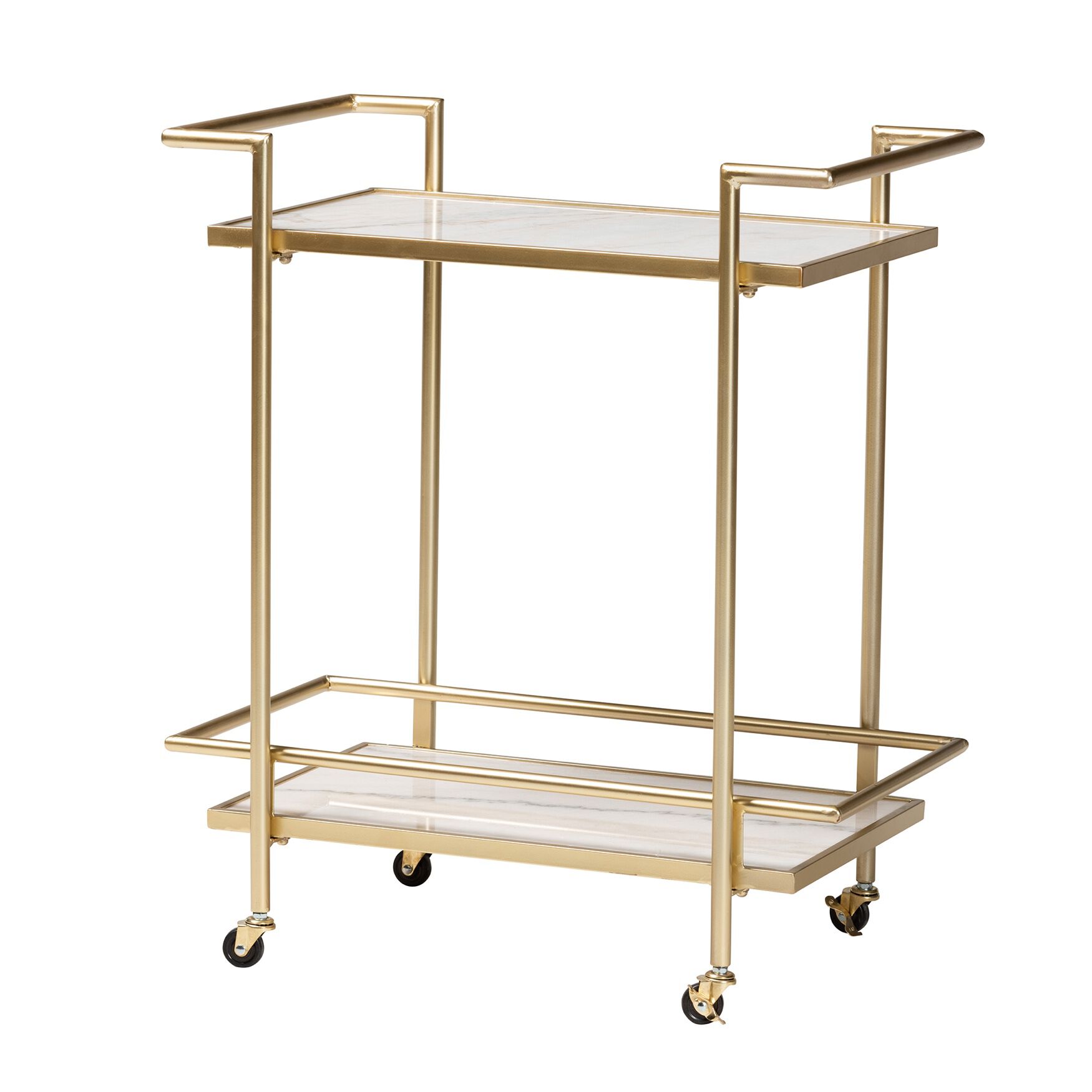 Louise Contemporary Glam And Luxe Gold Metal And White Marble 2-Tier Wine Cart