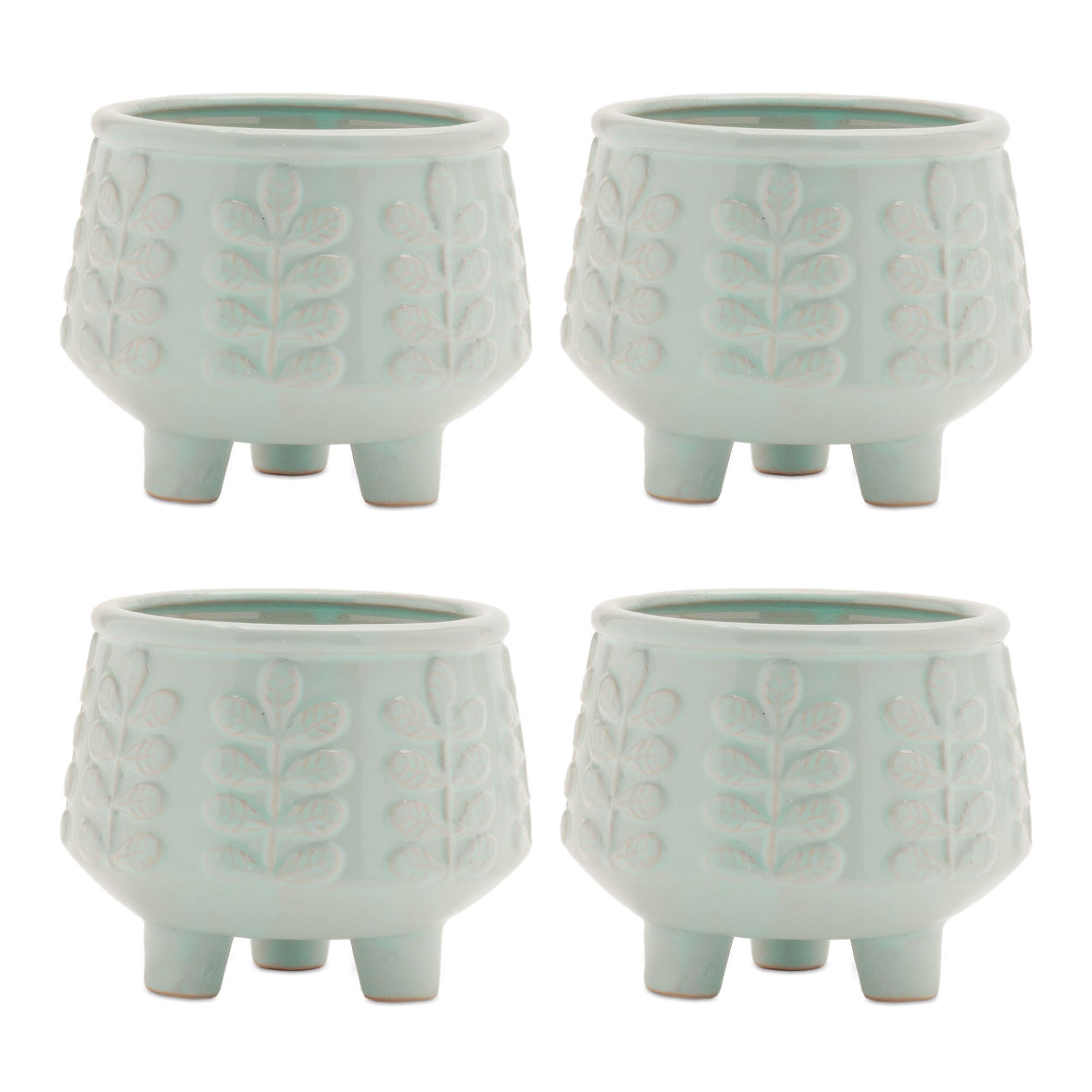 Footed Ceramic Leaf Pattern Planter Set of 4, BLUE, alternate image number 1