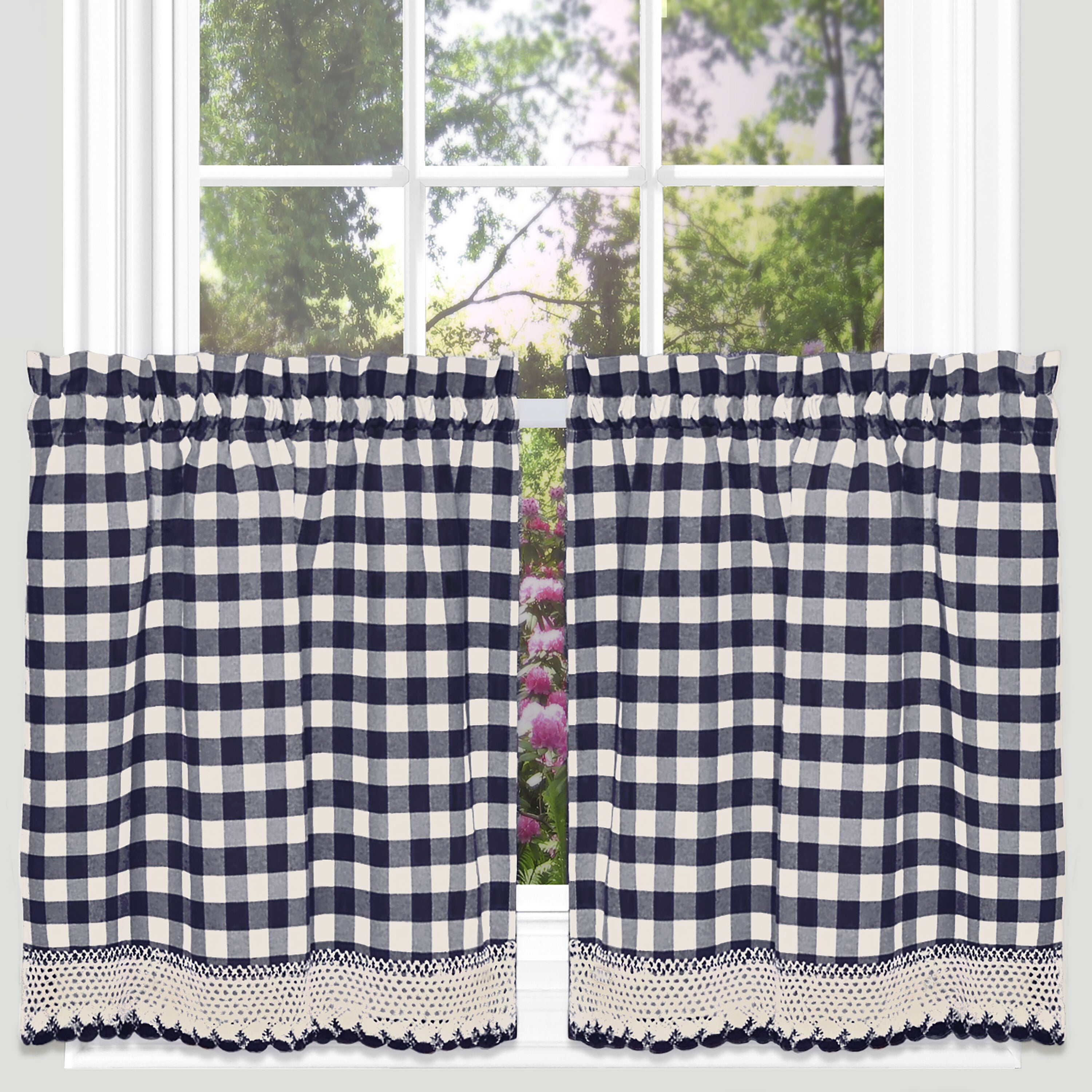 Buffalo Check Window Curtain Tier Pair, NAVY, hi-res image number 0