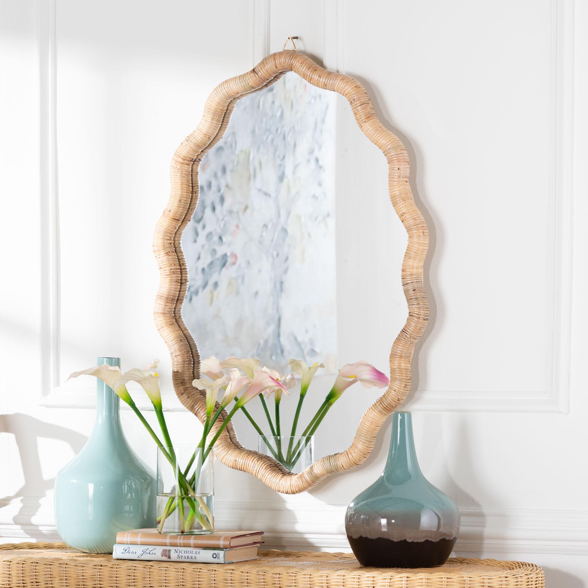 Rasida Scalloped Oval Natural Rattan Wall Mirror, HONEY, hi-res image number 0