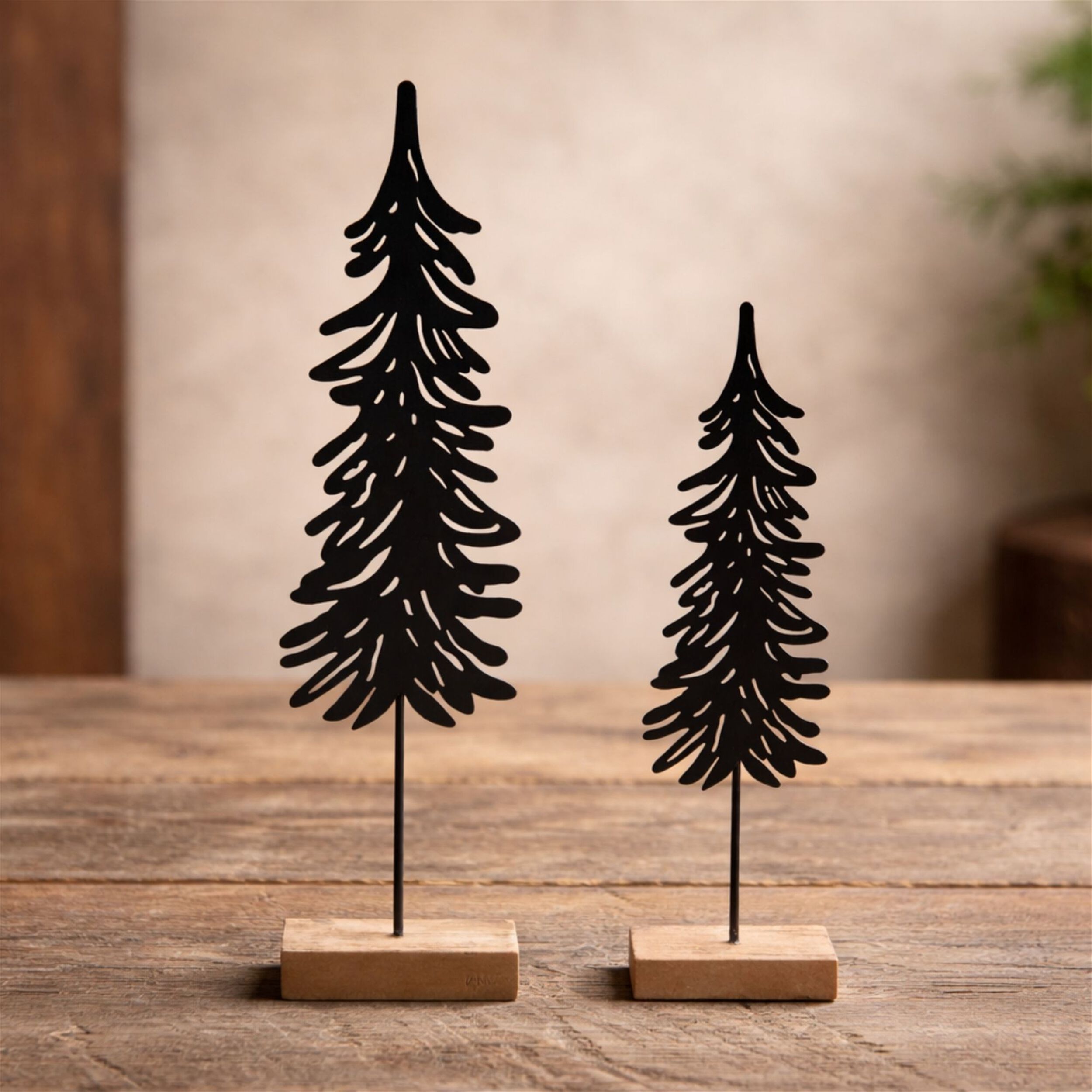 Cut-Out Metal Pine Tree with Wood Base (Set of 2), BLACK BROWN, alternate image number 2