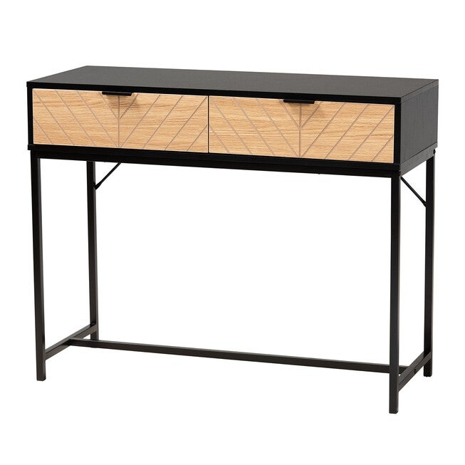 Jacinth Modern Industrial Two-Tone Black And Natural Brown Finished Wood And Black Metal 2-Drawer Console Table, BLACK NATURAL BROWN, hi-res image number null