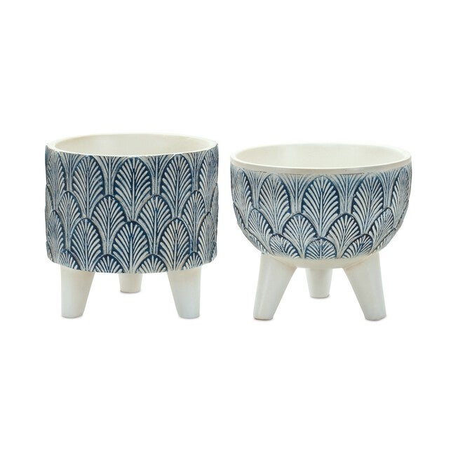 Pot w/Legs (Set of 2) 5.25 inchesD x 5.25 inchesH, 5.5 inchesD x 5 inchesH Resin, WHITE/BLUE, hi-res image number null