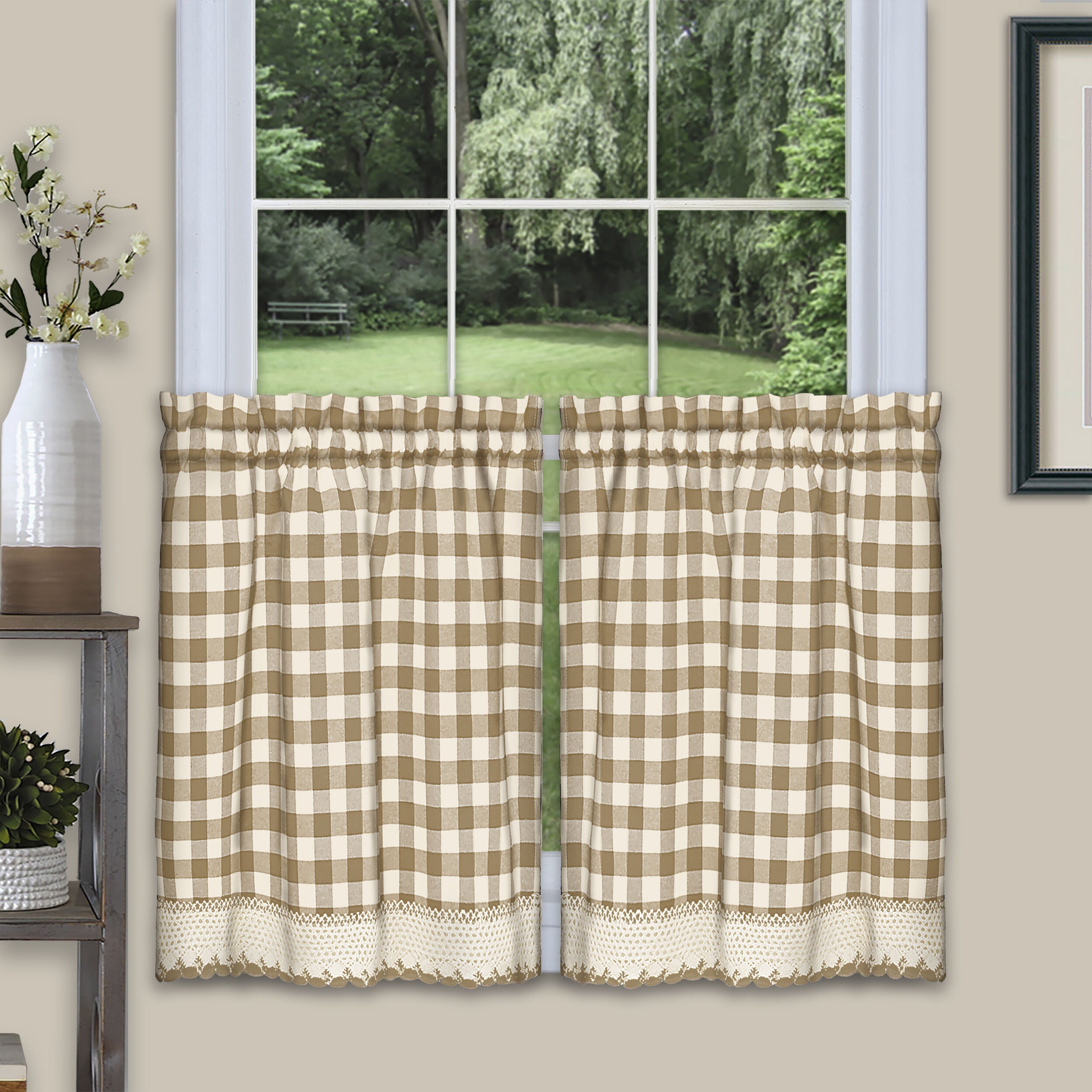 Buffalo Check Window Curtain Tier Pair - 58x36 - Navy, TAUPE, hi-res image number 0