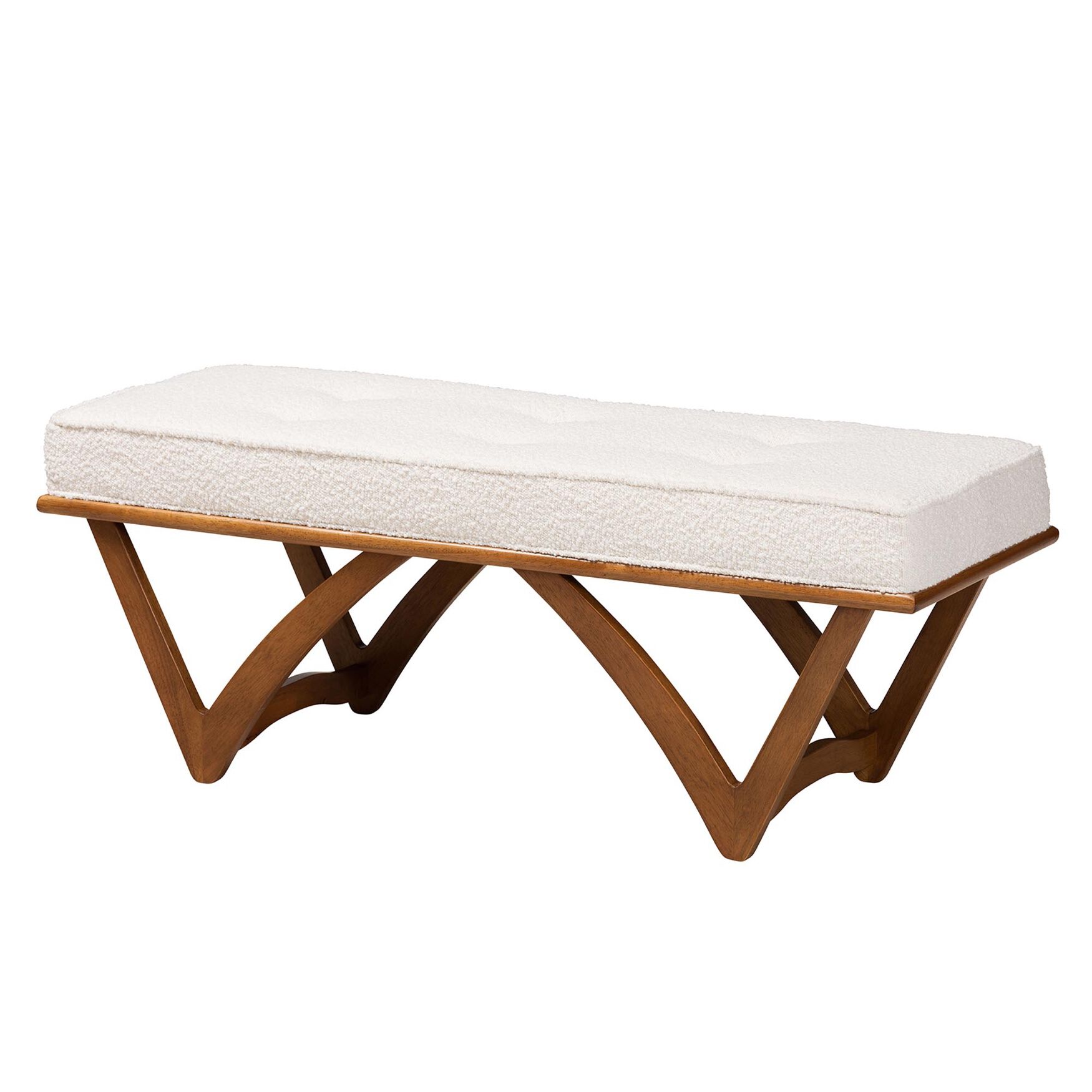 Chenoa Japandi Cream Boucle Fabric And Walnut Brown Finished Wood Bench, CREAM WALNUT BROWN, hi-res image number 0
