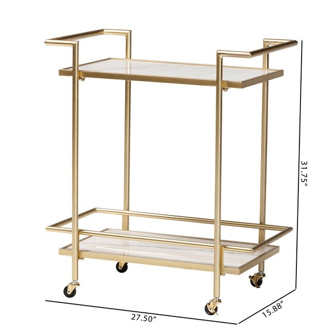 Louise Contemporary Glam And Luxe Gold Metal And White Marble 2-Tier Wine Cart, , alternate image number null