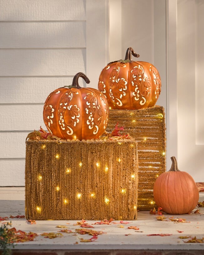Pre-Lit Carved Resin Pumpkin, ORANGE, hi-res image number null