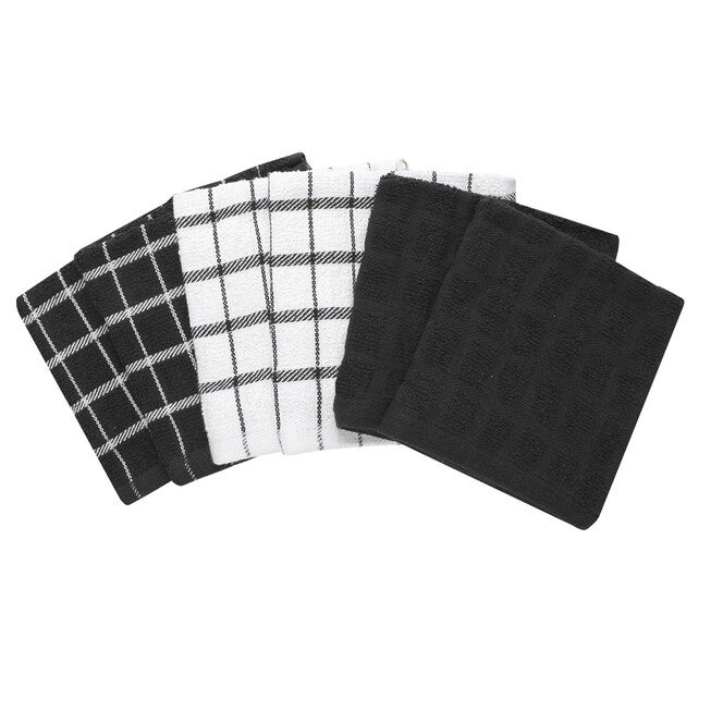 6Pk Terry Check Dish Cloth Dish Cloth, BLACK, hi-res image number 0