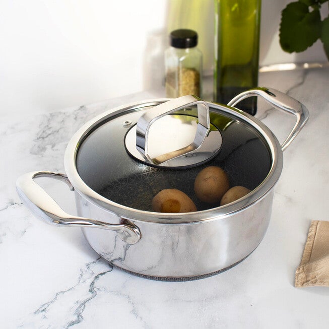 LIVWELL DiamondClad™ 3 Quart Hybrid Nonstick Stainless Steel Stock Pot and Lid, Dishwasher Safe, PFOA-free – Silver/Black, SILVER, on-hover image number null