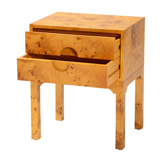 Kayla Modern and Contemporary Natural Light Mappa Real Burl Wood 2-Drawer Nightstand, LIGHT MAPPA BURL, alternate image number 2