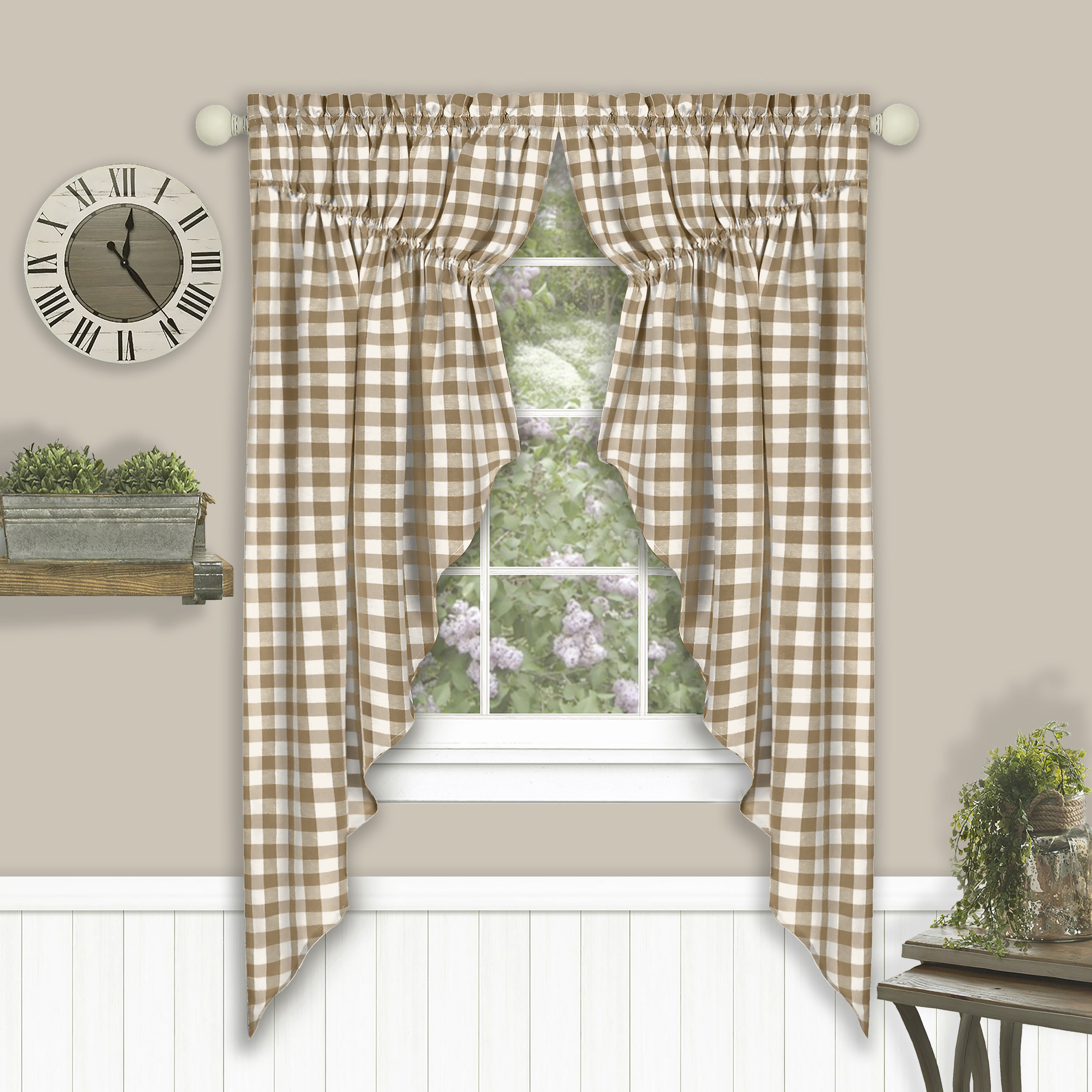 Buffalo Check Gathered Swag Window Curtain Pair, TAUPE, hi-res image number 0