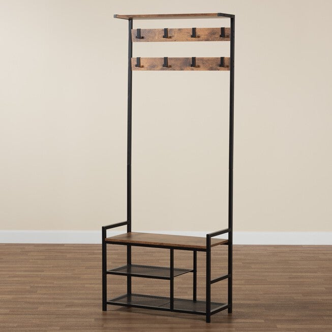 Edan Modern Industrial Walnut Brown Finished Wood And Black Metal Freestanding Coat Hanger, , alternate image number null