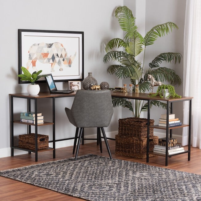 Lydia Modern Walnut Brown Finished Wood And Black Metal L-Shaped Corner Desk With Shelves, , alternate image number 7