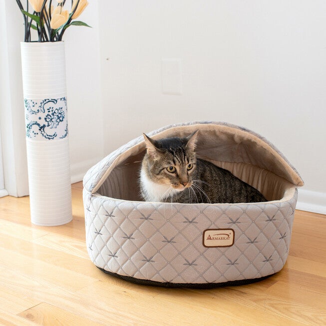 Cuddle Cave Cat Bed With Detachable & Collasible Zipper Top, Medium, Pale Silver and Beige, , on-hover image number 1