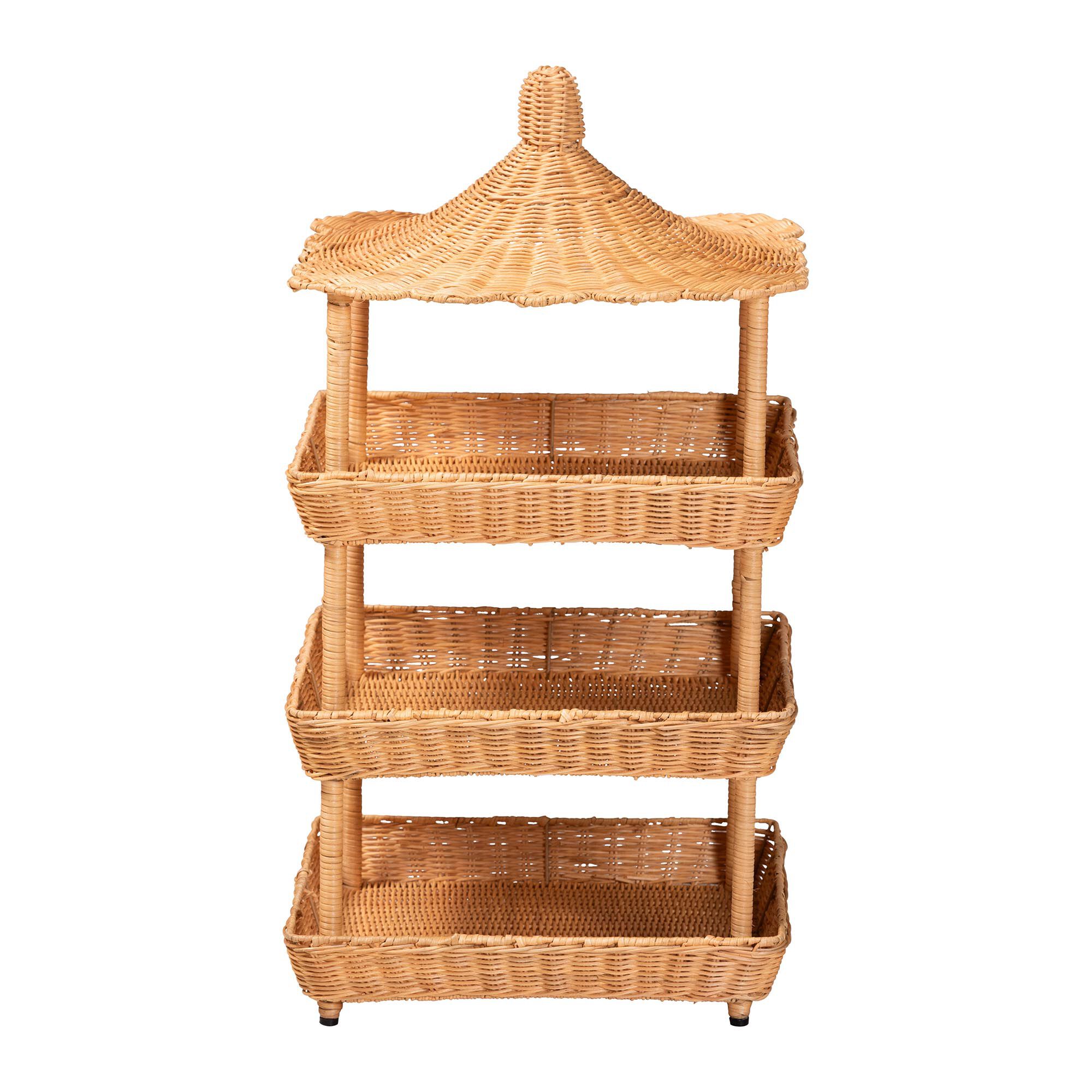 Asante Natural Rattan 3-Tier Display Shelf with Pagoda Top, HONEY, alternate image number 2
