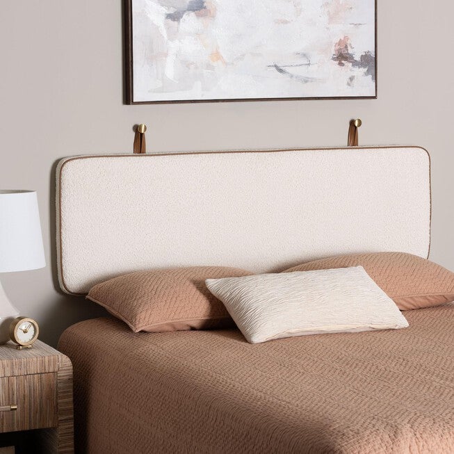 Belden Boucle Upholstered Wall-Mounted Queen Headboard - Padded Cushion Panel with Faux Leather Piping, WHITE, hi-res image number null