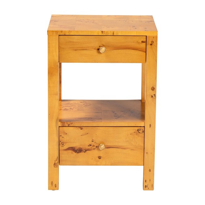 Azmi Modern and Contemporary Natural Light Mappa Real Burl Wood 2-Drawer Nightstand, LIGHT MAPPA BURL, alternate image number null