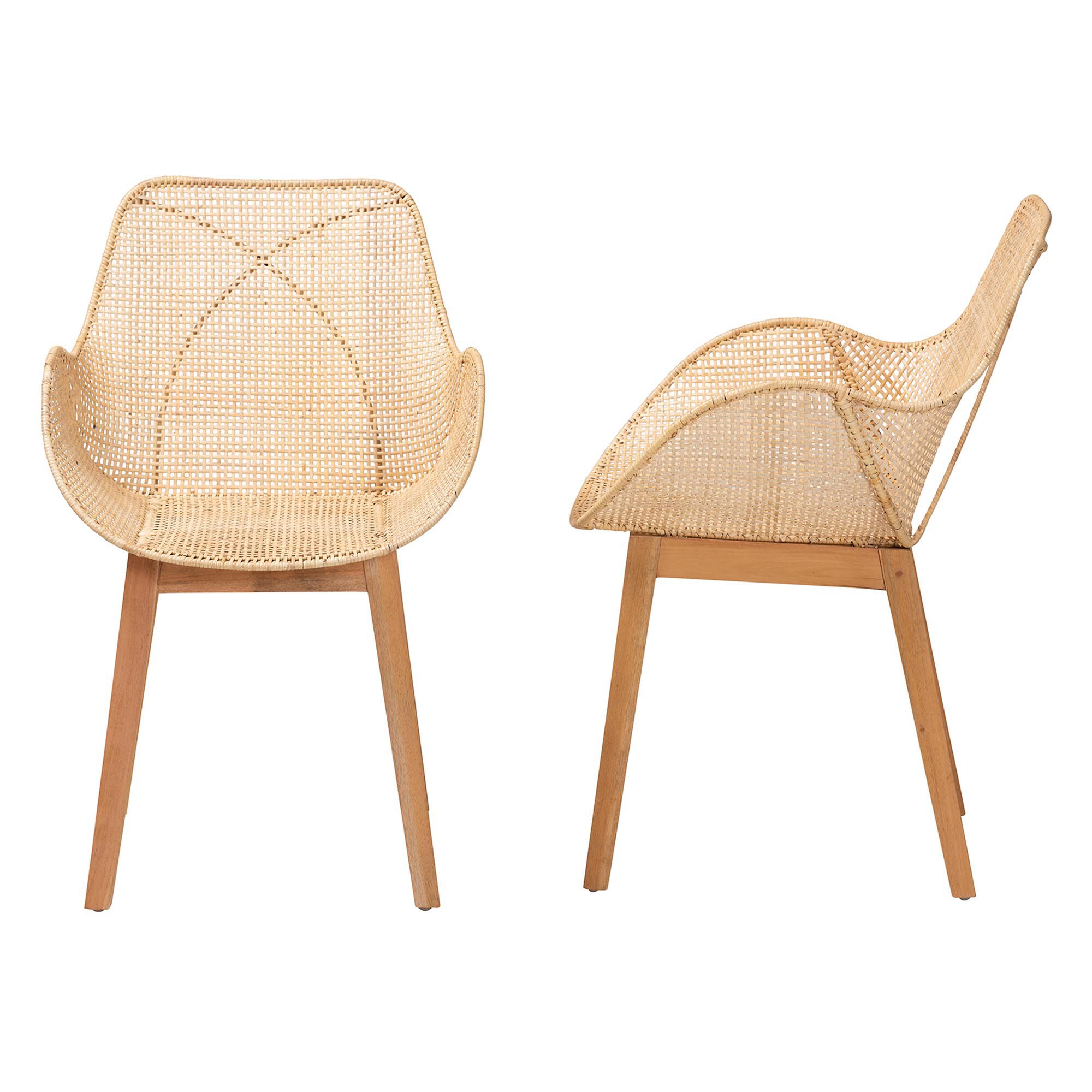 Ballerina Japandi Natural Brown Finished Mahogany Wood and Rattan 2-Piece Dining Chair Set, NATURAL BROWN, alternate image number 4
