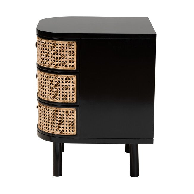 Nabila Modern Bohemian Black Bayur Wood And Natural Rattan 3-Drawer End Table Nightstand, , alternate image number null