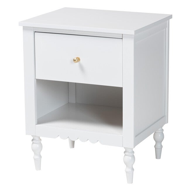 Baxton Studio Roni Modern White Wood 1-Drawer Nightstand with Scalloped Edges, WHITE, alternate image number 1