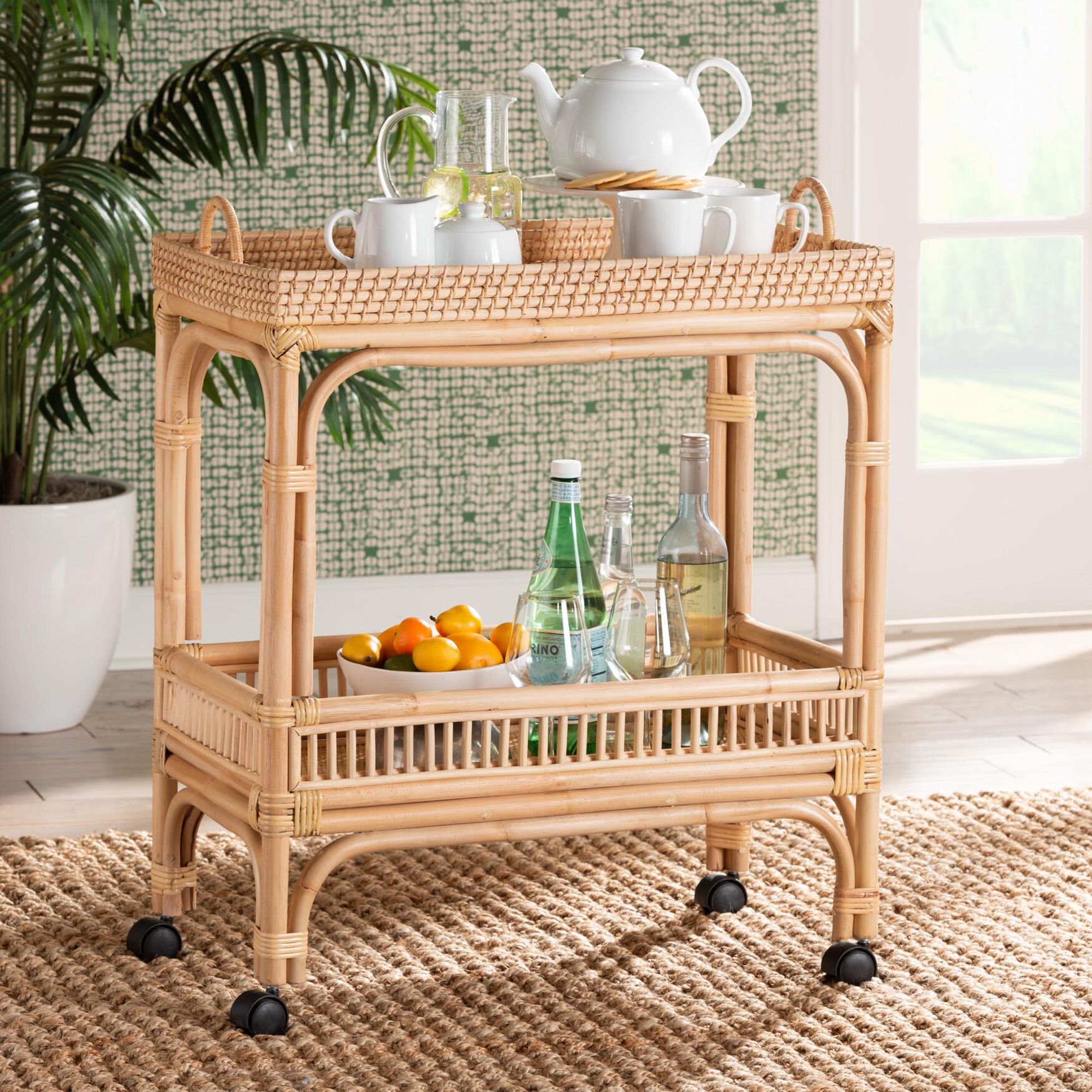 Lombok Modern Bohemian Natural Brown Rattan Wine Cart, , alternate image number 13
