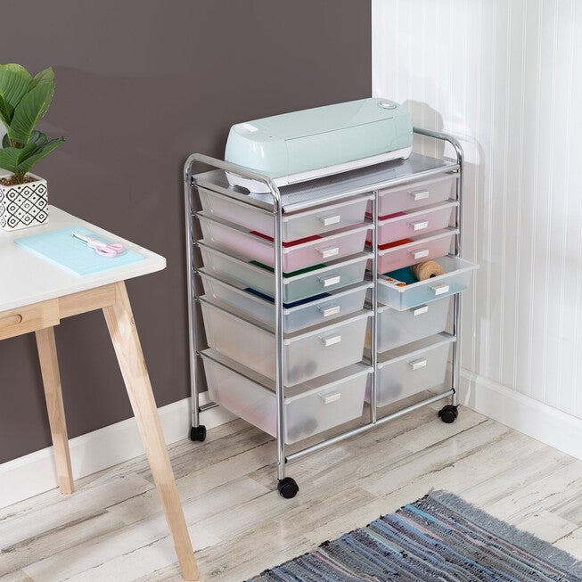 Simple 12-Drawer Rolling Craft Storage Cart, Chrome | Brylane Home