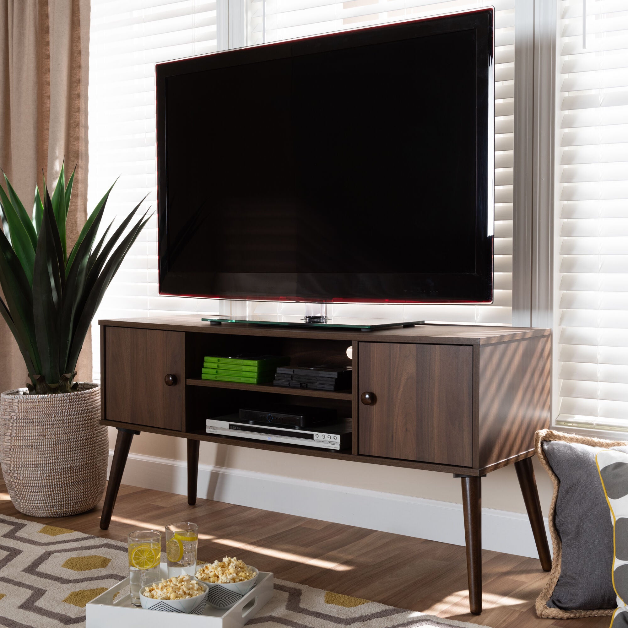 Alard Mid-Century Modern Walnut Brown Finished 2-Door Wood TV Stand