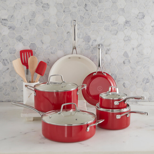 BrylaneHome 3 Piece Cast Iron Enameled Skillet Set Cookware, Red