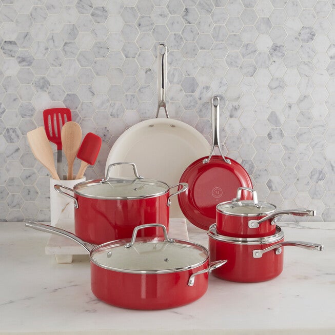 Martha Stewart 14-PC Non-stick Aluminum Cookware Set, RED, hi-res image number 0