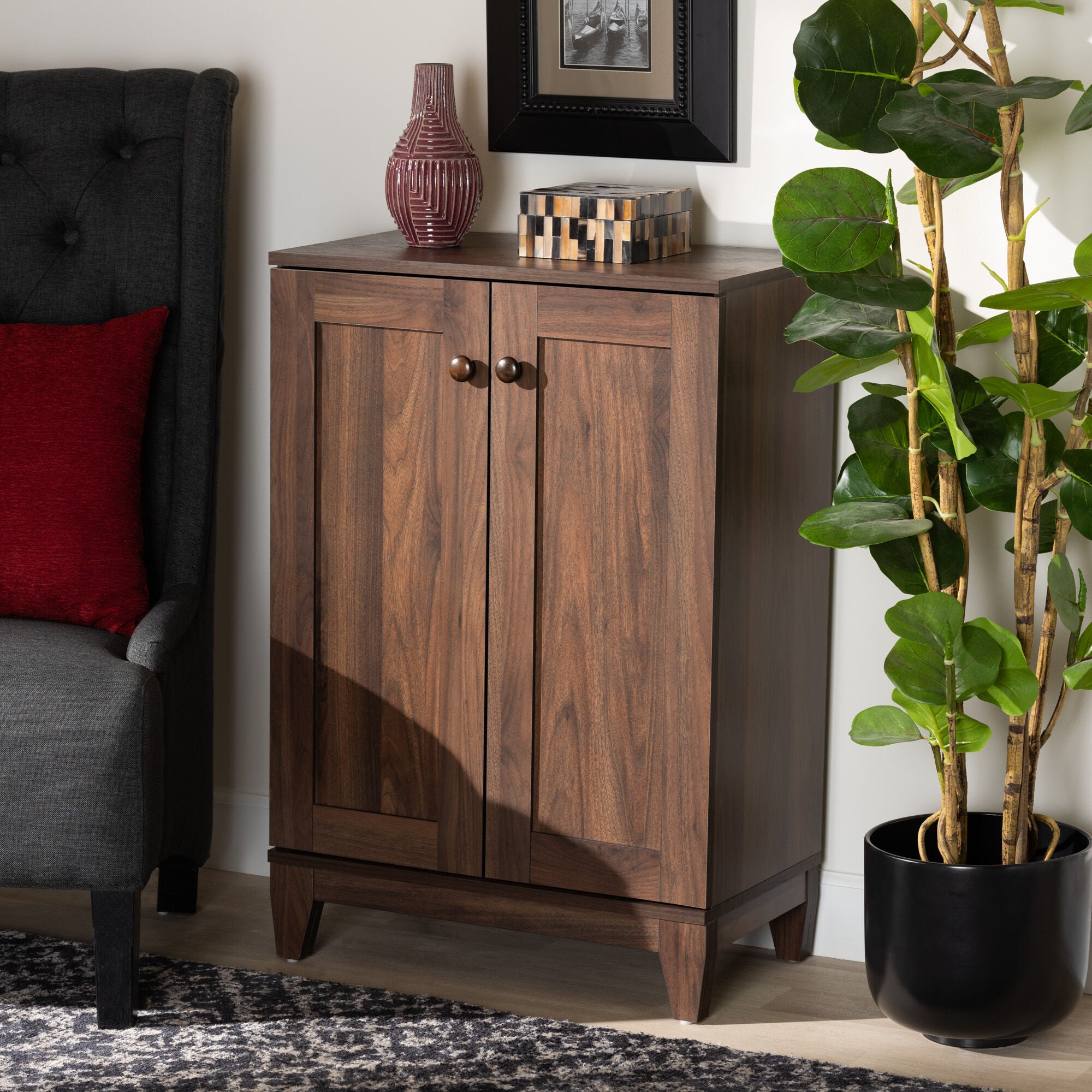 Nissa Modern and Contemporary Walnut Brown Finished Wood 2-Door Shoe Storage Cabinet, WALNUT BROWN, hi-res image number 0