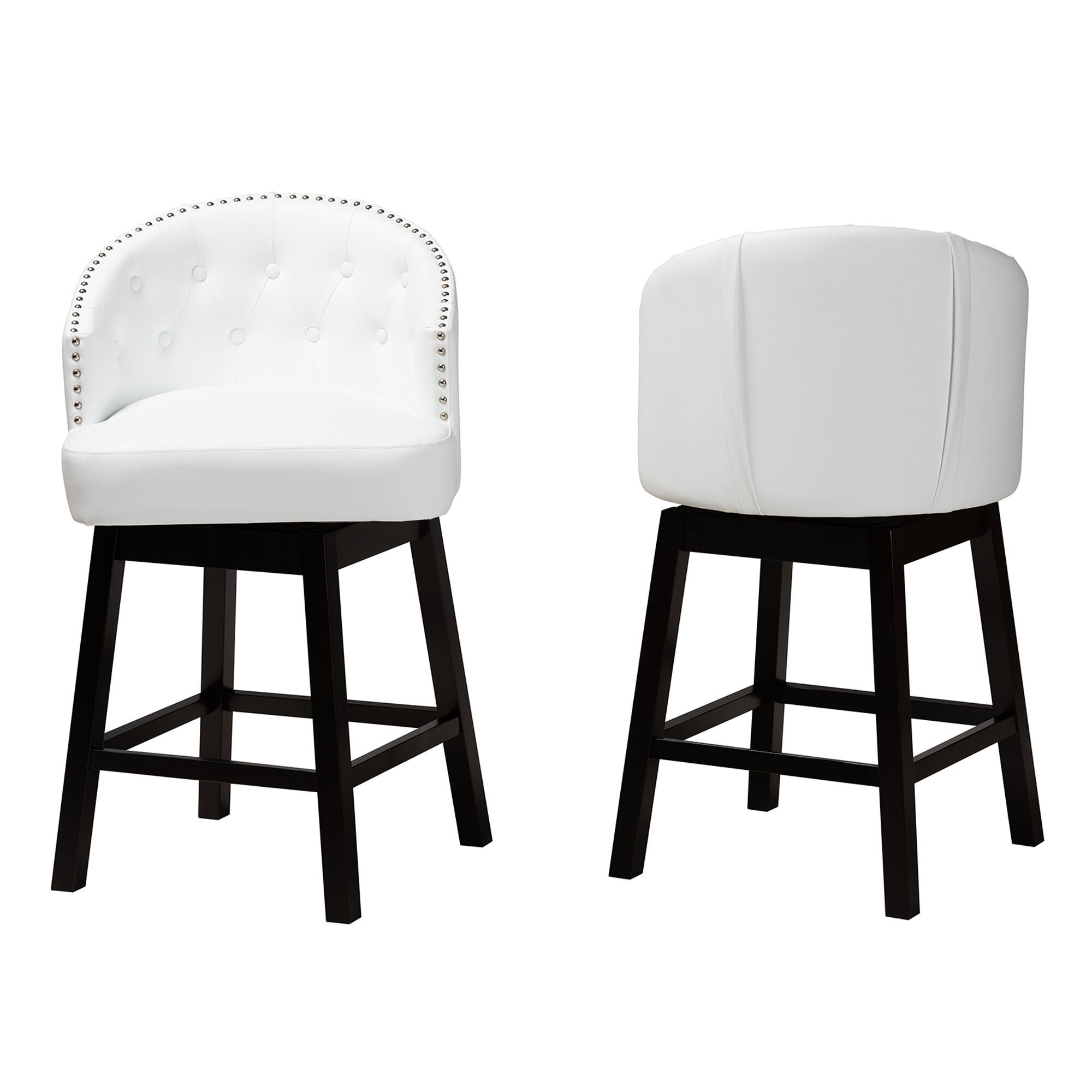 Theron Mid-Century Transitional Black Faux Leather and Espresso Brown Finished Wood 2-Piece Swivel Counter Stool Set, WHITE, alternate image number 3