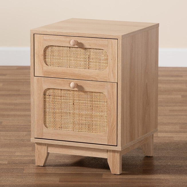 Elsbeth Mid-Century Modern Light Brown Finished Wood And Natural Rattan 1-Drawer End Table, , alternate image number null