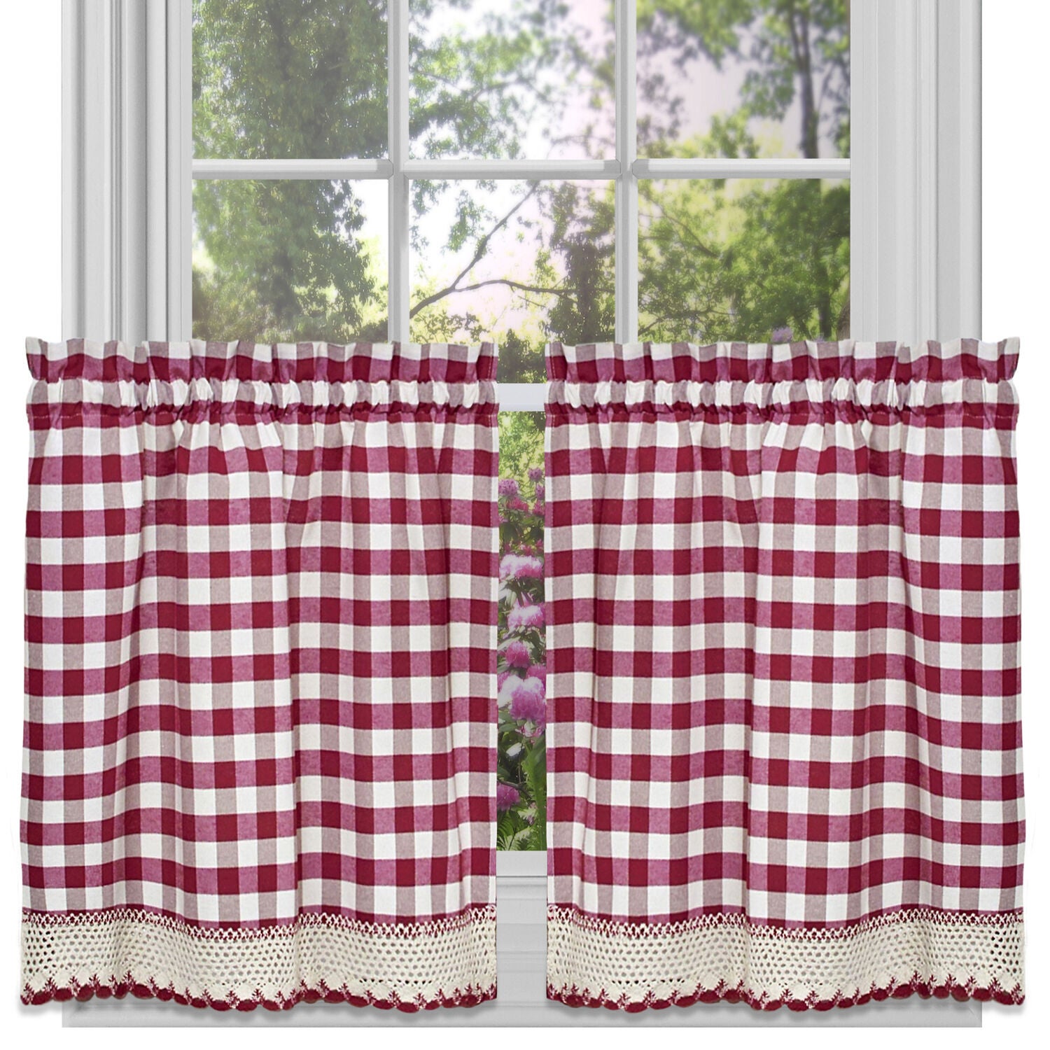 Buffalo Check Window Curtain Tier Pair - 58x36 - Navy, BURGUNDY, hi-res image number 0