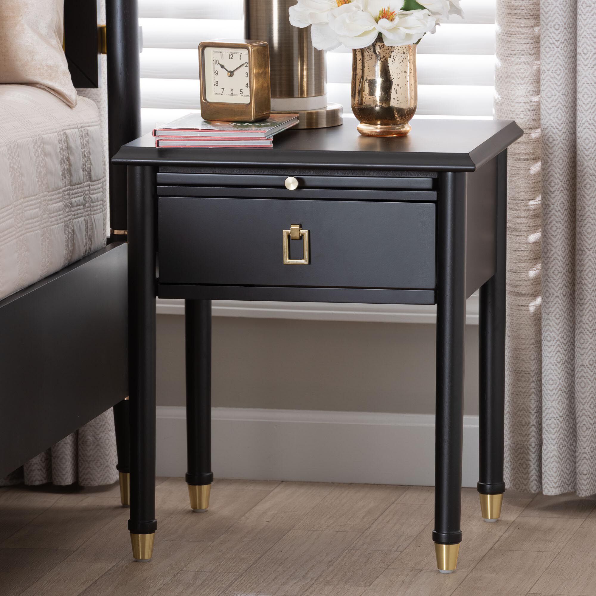 Tamra Black Wood Nightstand with Pullout Shelf, BLACK, hi-res image number 0