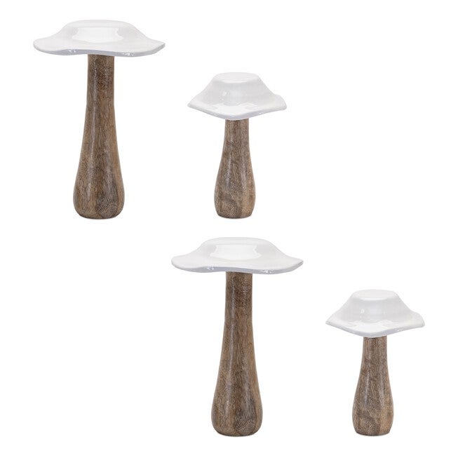 Wood Mushroom Decor (Set of 4), WHITE BROWN, alternate image number null